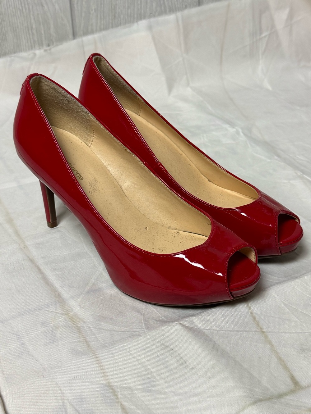 Glossy red patent leather peep-toe heels by Liz Claiborne, Size 7M
